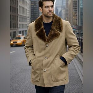 Vtg Khaki Men's Coat 42 Reg Brown Plush Faux Fur Collar And Interior Preppy EUC